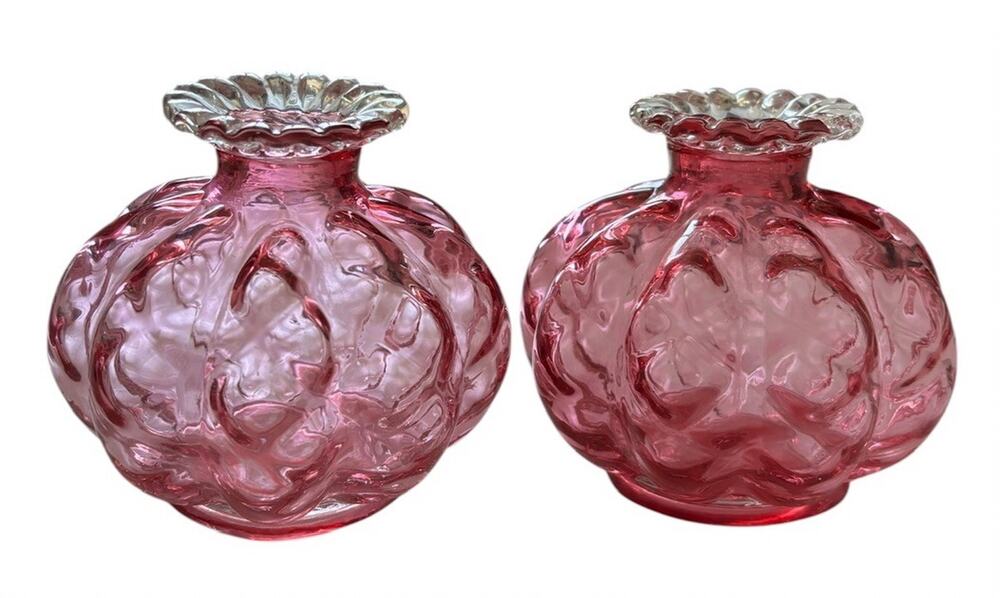2 VINTAGE FENTON CRANBERRY ART GLASS MELON RUFFLED VASES 1940s